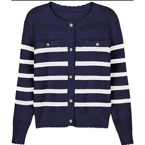 V FOR CITY Womens Small Navy White Cardigan Knit Tweed Jacket Winter Chunky
